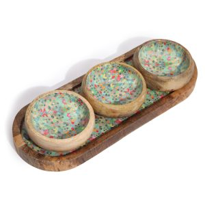 Mango Wood Serving Tray with 3 Bowls – Mediterranean